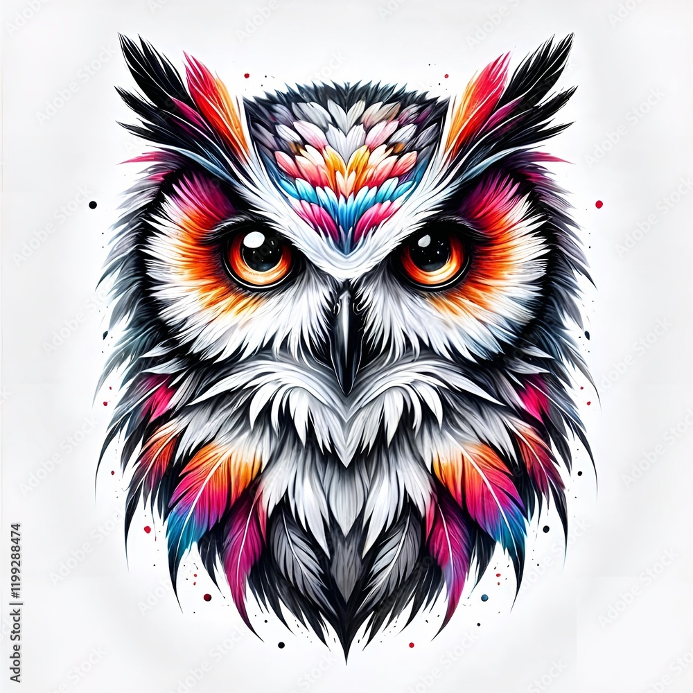 Fototapeta premium Colorful watercolor print of an owl’s head, artistic design for white T-shirt, copy space