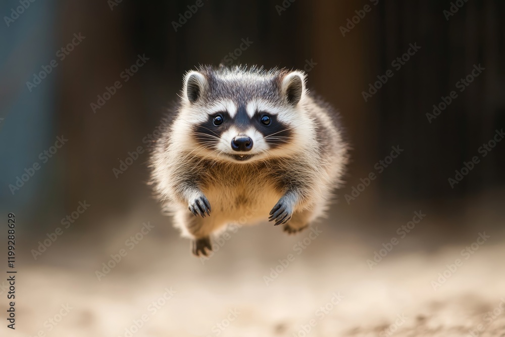 Raccoon leaps playfully in the sunlight during a lively afternoon in the forest Raccoon leaps playfully in the sunlight during a lively afternoon in the forest