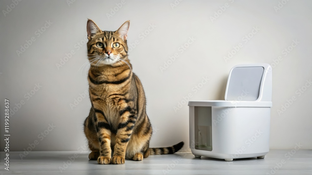Studio shot: a fashionable tabby cat, elegantly poised beside its litter box, on a white background. Studio shot: a fashionable tabby cat, elegantly poised beside its litter box, on a white background.