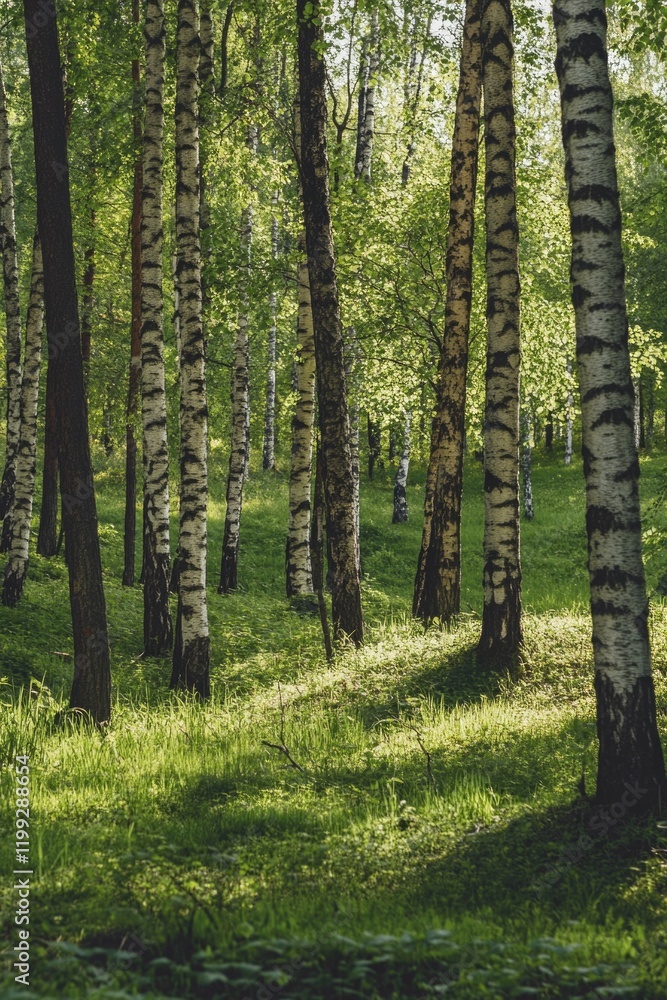 Naklejka premium Sunlit birch forest with light shadows and a clear path.