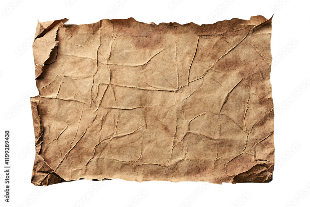A stack of old, crumpled paper isolated on a transparent background