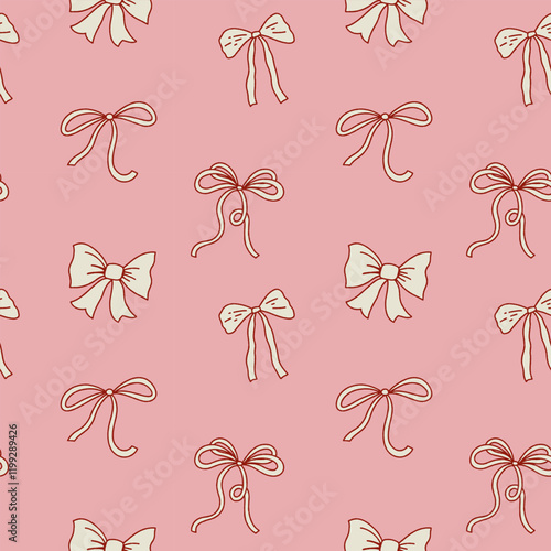 Girly pattern with bows and ribbons. Hand drawn vector pattern. Doodle style. Illustration for wrapping paper, wallpaper, clothing and more.