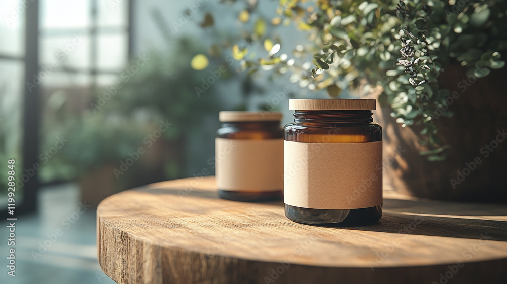 Elegant glass jars with wooden lids on a rustic wooden table in a sunlit indoor garden setting