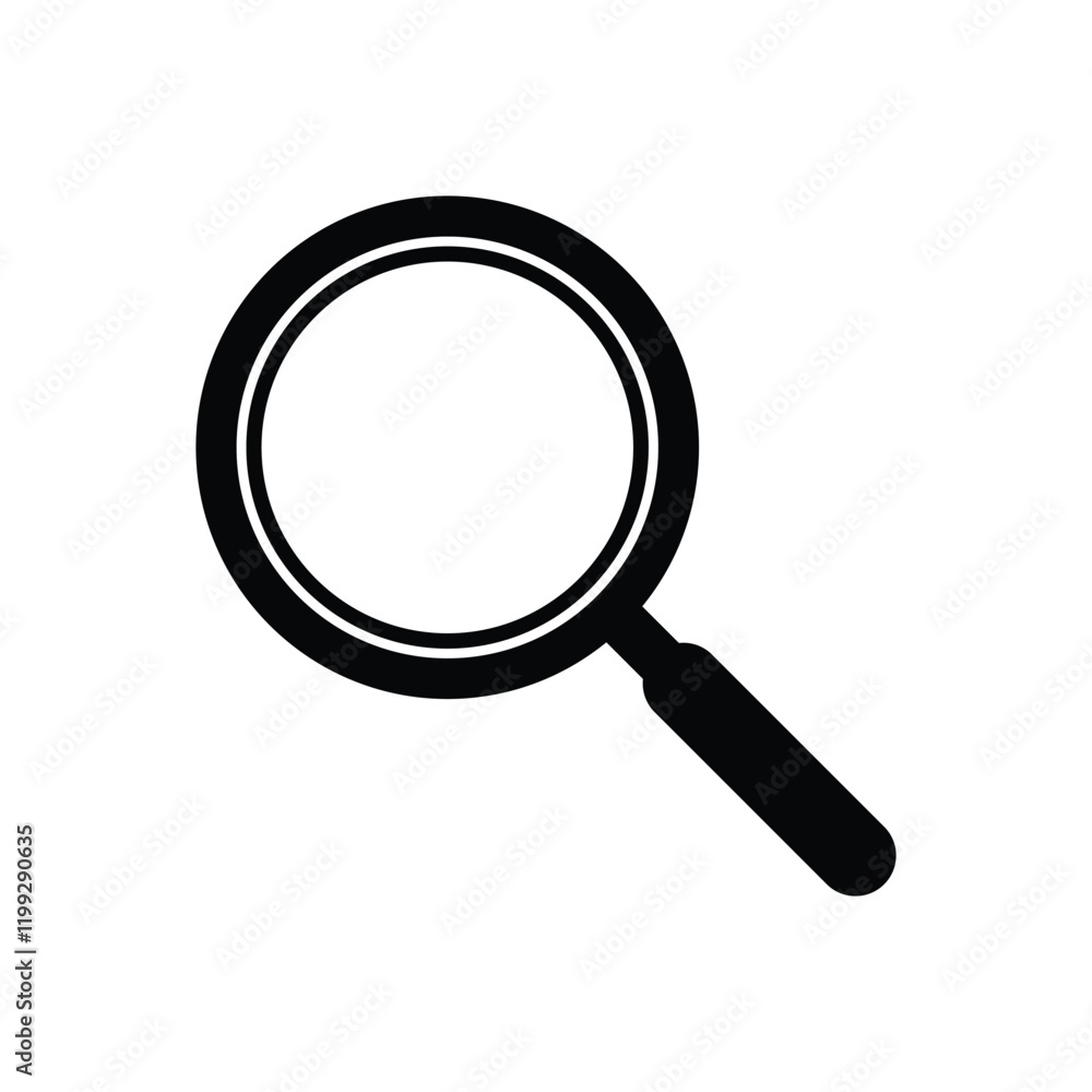 Magnifying glass icon in black and white. Search icon. Magnifying glass vector illustration. Magnifying glass icon in black and white. Search icon. Magnifying glass vector illustration.