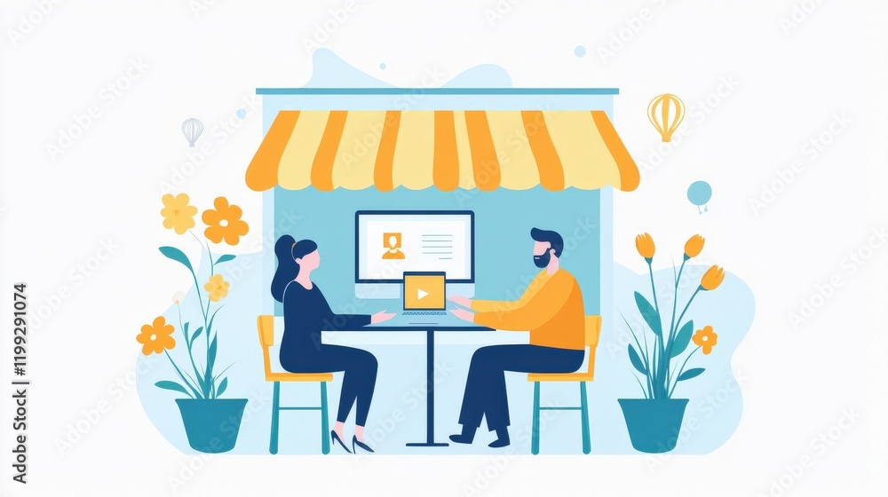 Modern Digital Workspace Collaboration with Plants and Vibrant Colors in a Cozy Outdoor Cafe Setting Modern Digital Workspace Collaboration with Plants and Vibrant Colors in a Cozy Outdoor Cafe Setting