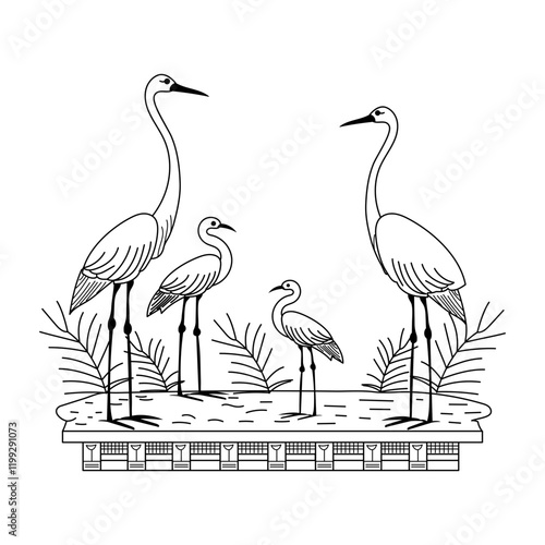 Herons flock, vintage vector illustration
