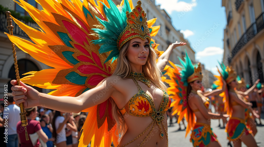 Scène de danse de samba au carnaval de Rio, une jeune femme blonde vêtue de son costume flamboyant présente la scène d'un geste accueillant Scène de danse de samba au carnaval de Rio, une jeune femme blonde vêtue de son costume flamboyant présente la scène d'un geste accueillant