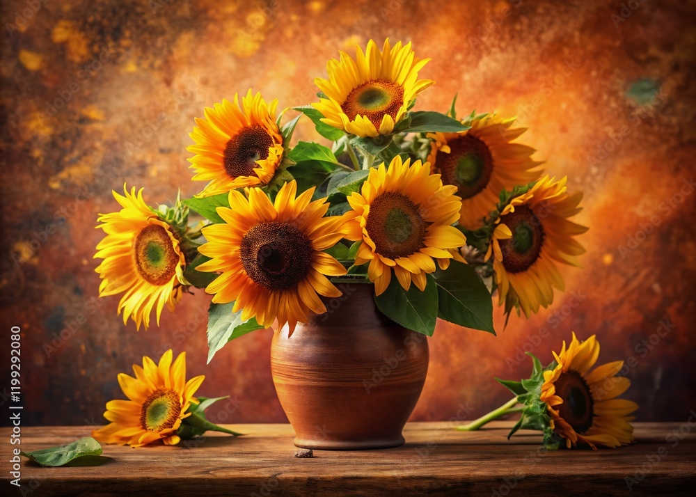 Obraz premium Vintage Summer Sunflowers Bouquet Terracotta Background AI Photo