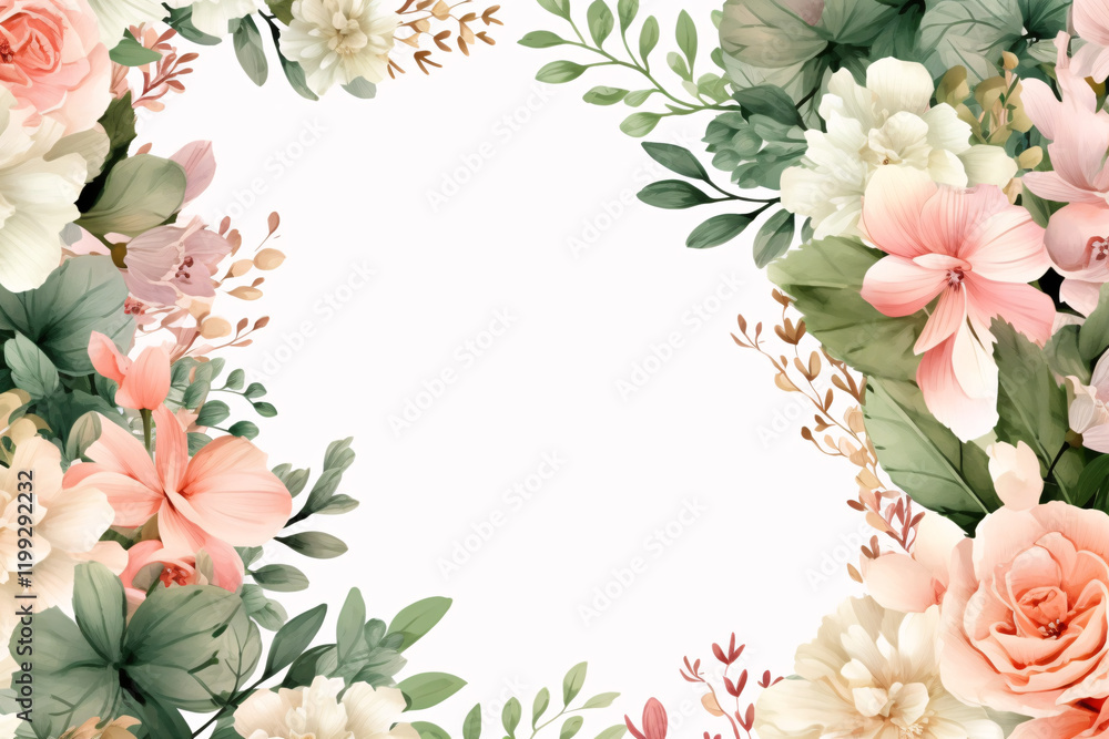 Obraz premium Watercolor Floral Border, illustration with green gold leaves background for wedding invitations