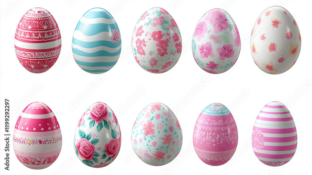 PNG A collection of vibrant Easter eggs with intricate spring-themed decorations, including floral patterns, stripes, and polka dots, arranged in a scattered layout. 3D PNG A collection of vibrant Easter eggs with intricate spring-themed decorations, including floral patterns, stripes, and polka dots, arranged in a scattered layout. 3D