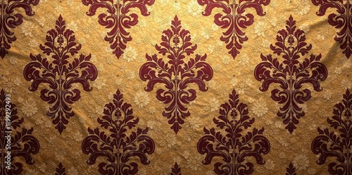 Elegant Damask Pattern Textile with a Rich Golden and Burgundy Hue, Ideal for Upholstery, Fabric Design, or Wallpaper Projects