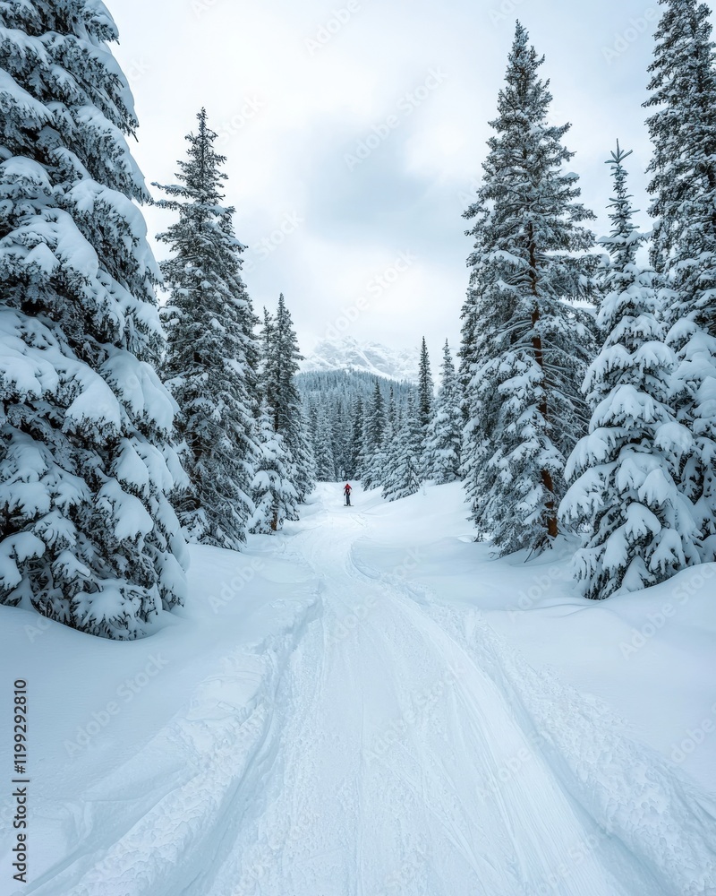 Snowy Winter Landscape with Pine Trees and a Lone Skier in a Remote Mountain Environment Snowy Winter Landscape with Pine Trees and a Lone Skier in a Remote Mountain Environment