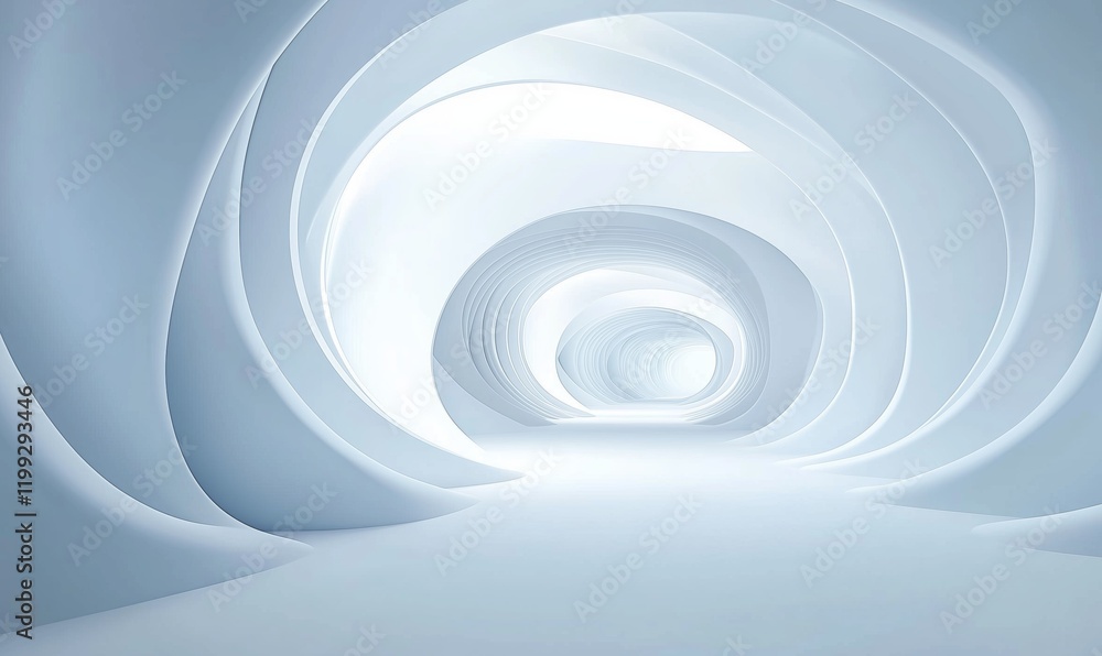 Curved white tunnel with smooth walls inviting exploration and bright ambient light Curved white tunnel with smooth walls inviting exploration and bright ambient light