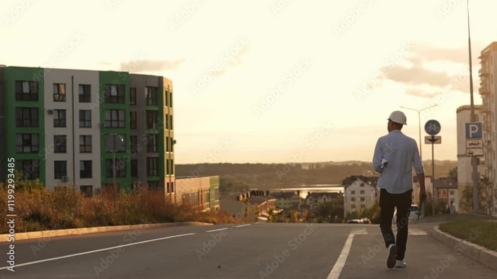 Rear view of male architect, builder in hardhat walk and inspect, examines safety, comfort of ready project modern colourful residential building. Construction engineer carries blueprint and clipboard Rear view of male architect, builder in hardhat walk and inspect, examines safety, comfort of ready project modern colourful residential building. Construction engineer carries blueprint and clipboard