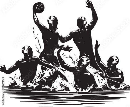 Water Polo Player Silhouette A powerful silhouette of a water polo player in action, capturing the intensity and athleticism of the sport. The player's arm is raised.