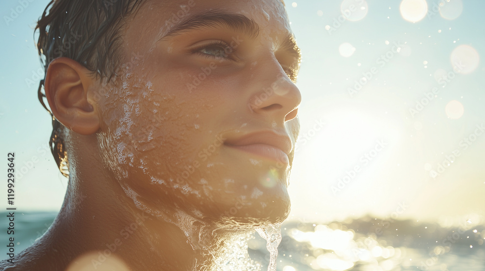 Surfer Focused Expression with Ocean Spray and Sunlight Surfer Focused Expression with Ocean Spray and Sunlight