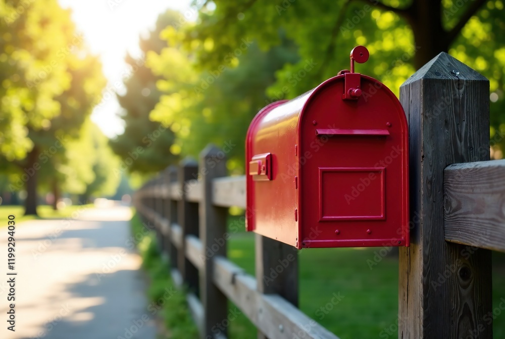 Red Mailbox on Fence - Bright Sunny Day Red Mailbox on Fence - Bright Sunny Day