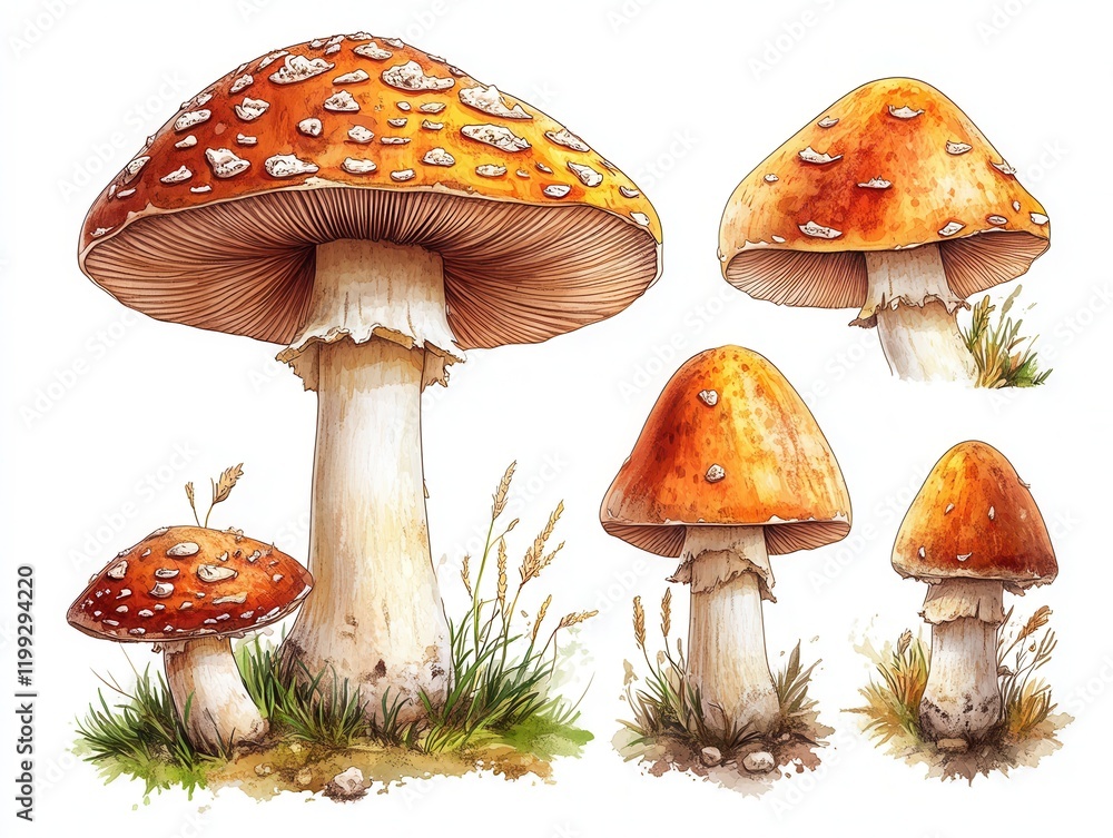Cartoon-style illustration of various red mushrooms Cartoon-style illustration of various red mushrooms