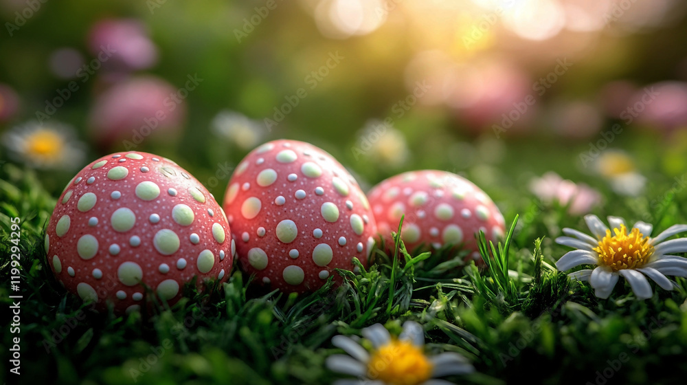 Eggs with Dots Sitting on a Flower Featuring Ornate Designs and a Happy Appearance for a Festive Easter Celebration. Generative AI Eggs with Dots Sitting on a Flower Featuring Ornate Designs and a Happy Appearance for a Festive Easter Celebration. Generative AI