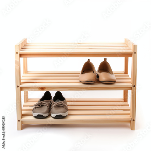 Wooden Shoe Rack with Flats and Sneakers photo