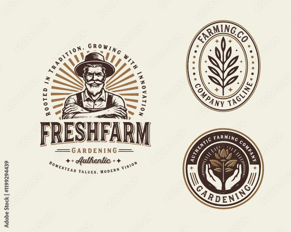 Obraz premium Vintage classic fresh farm gardening logo design for agriculture business company