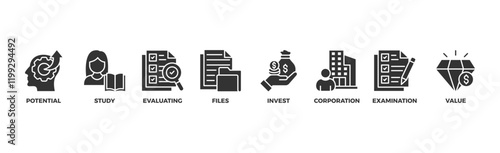 Due diligence banner web icon illustration concept with icon of potential, study, evaluating, files, invest, corporation, examination and value	