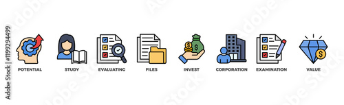 Due diligence banner web icon illustration concept with icon of potential, study, evaluating, files, invest, corporation, examination and value	