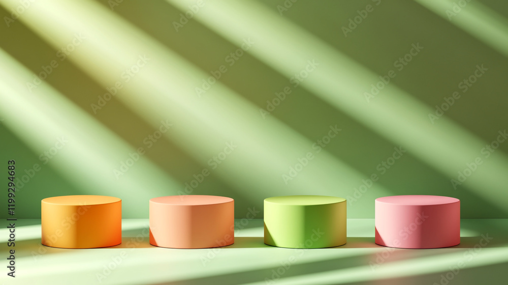 Colorful geometric shapes cast shadows in a calm indoor setting during daytime Colorful geometric shapes cast shadows in a calm indoor setting during daytime