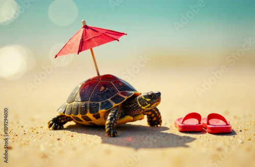 A turtle relaxes on the sandy beach with a tiny umbrella and red flip-flops alongside, enjoying the sunny atmosphere photo