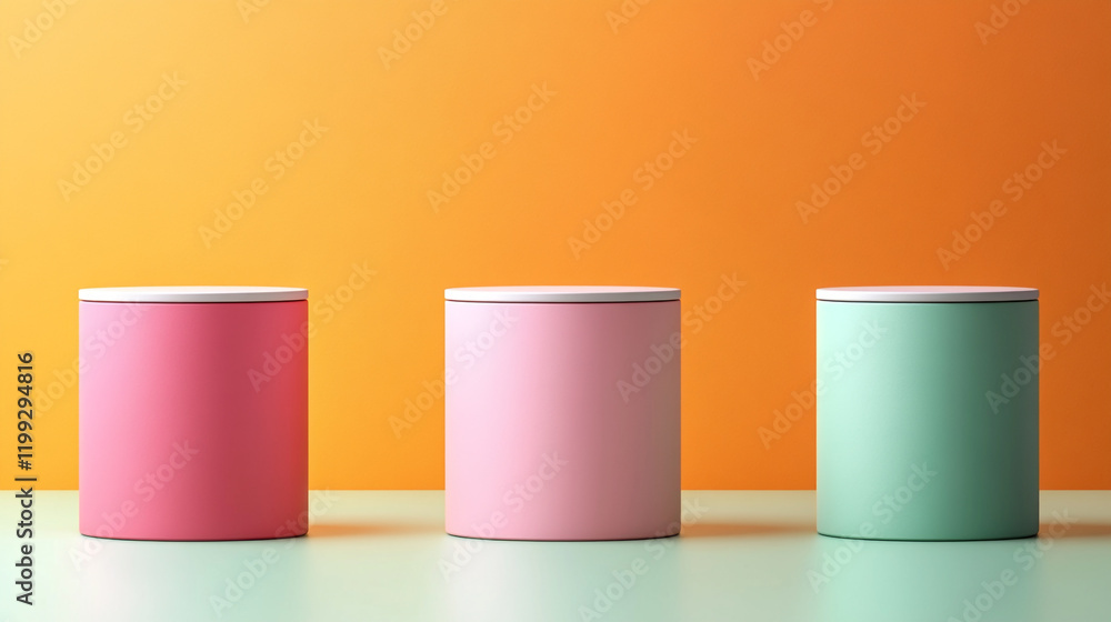 Fototapeta premium Colorful cylindrical containers arranged on a flat surface with a gradient background
