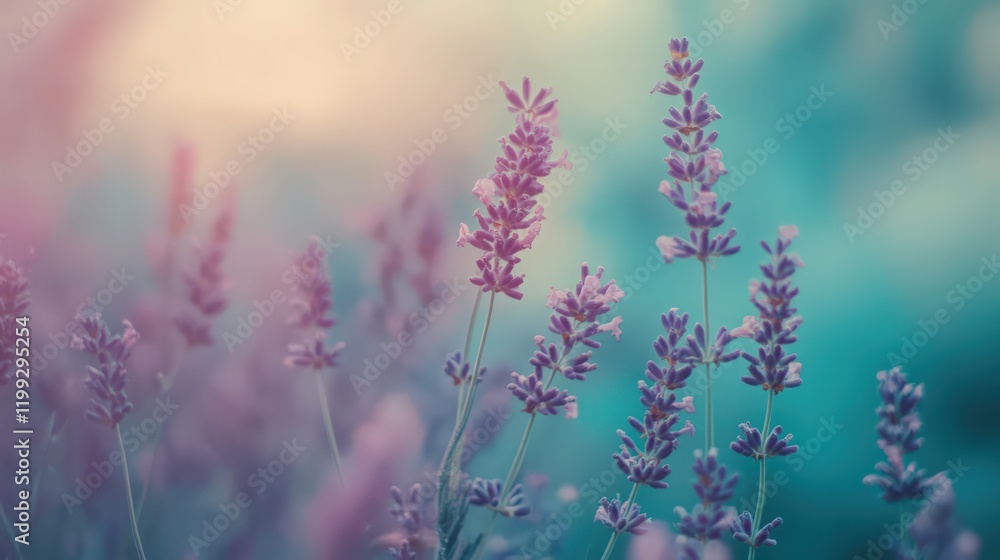 Lavender field with soft pastel colors, gentle light creates a dreamy scene Lavender field with soft pastel colors, gentle light creates a dreamy scene