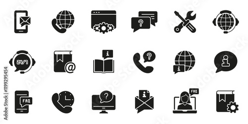 Customer Support Tools Silhouette Icon Set. Global Communication, FAQ, Online Assistance Glyph Symbol Collection. Isolated Vector Illustration