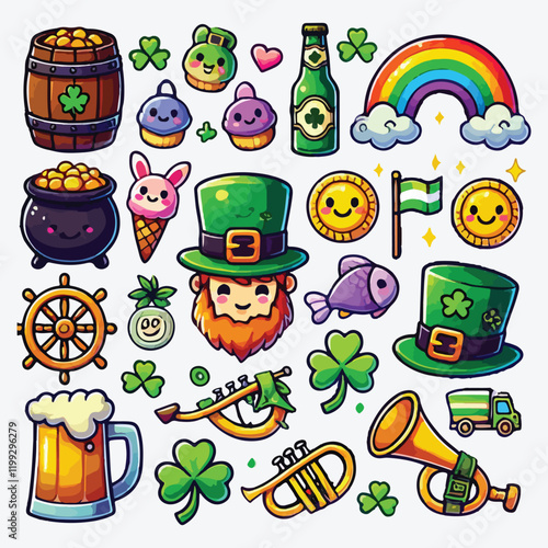 Vector of Saint Patrick s Day. A set of cute and colorful icon collection isolated on white background stock illustration