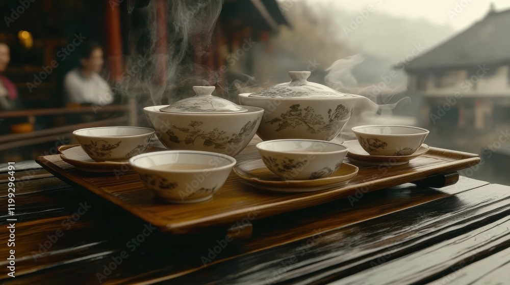 A beautifully arranged tea set with steaming cups on a wooden tray, capturing the essence of traditional tea culture in a serene and inviting atmosphere. A beautifully arranged tea set with steaming cups on a wooden tray, capturing the essence of traditional tea culture in a serene and inviting atmosphere.