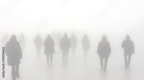 Foggy city street, people walking, urban scene, atmospheric, mystery