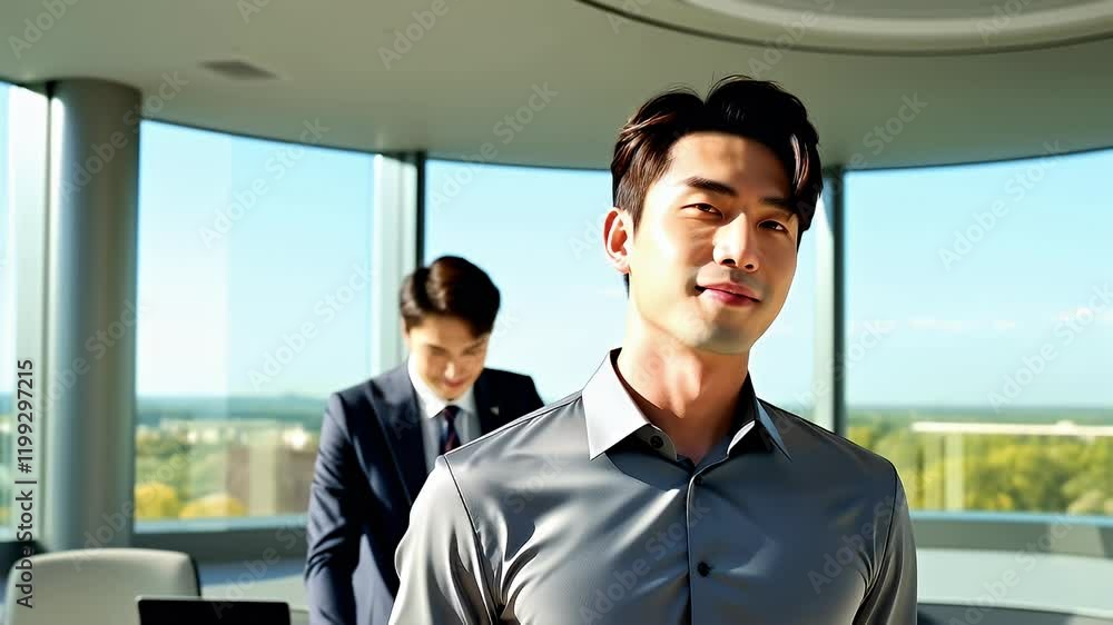 Young successful executive in a suit, smiling confidently in the office, ready to lead. Young successful executive in a suit, smiling confidently in the office, ready to lead.