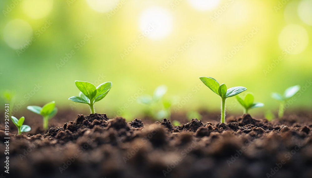 Fototapeta premium Small green seedlings emerging from rich soil in a sunlit garden