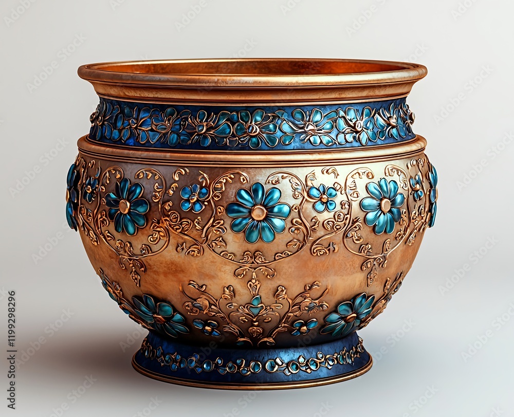 An ornate round golden pot features intricate designs An ornate round golden pot features intricate designs