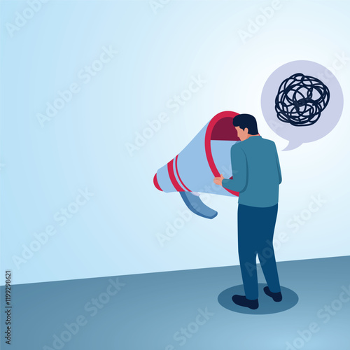 A man looks into a megaphone and is confused. Illustration for misunderstandings, communication problems and differences in understanding.