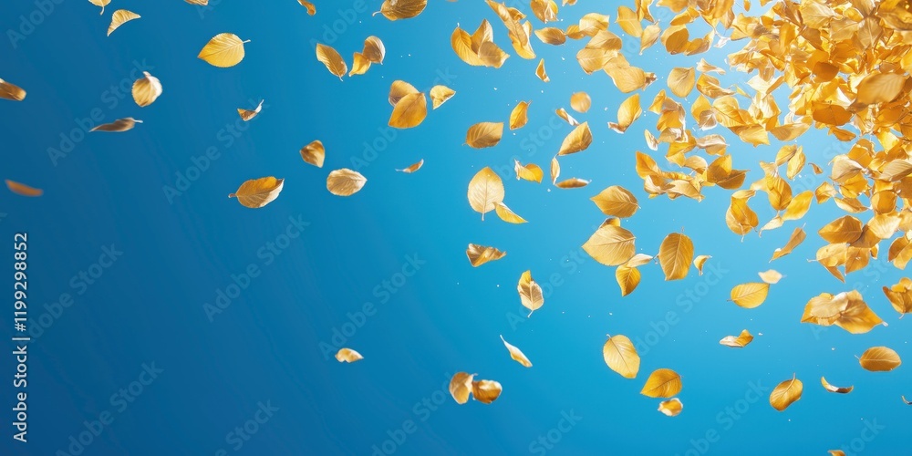 Golden Petals Falling: A shower of golden petals descends gracefully against a vibrant blue sky, creating a mesmerizing and whimsical visual. Golden Petals Falling: A shower of golden petals descends gracefully against a vibrant blue sky, creating a mesmerizing and whimsical visual.