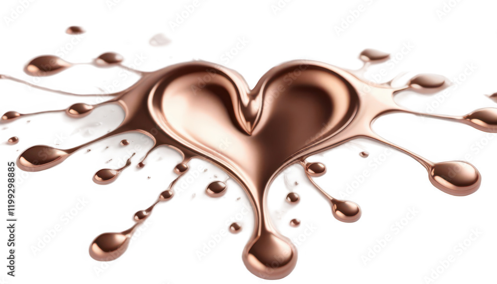 A heart of rose gold in a soft, melting flow, the fluid liquid slowly breaking apart as it transforms into droplets, creating a unique metallic pattern, on a white transparent background PNG. A heart of rose gold in a soft, melting flow, the fluid liquid slowly breaking apart as it transforms into droplets, creating a unique metallic pattern, on a white transparent background PNG.