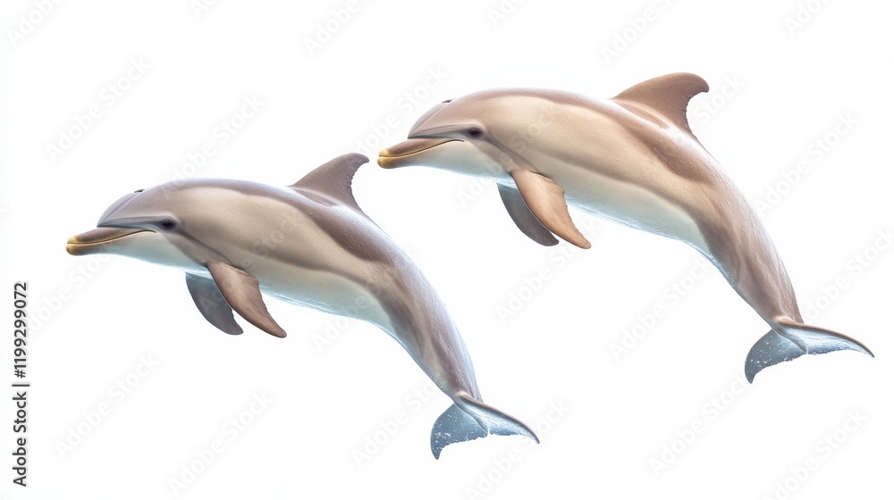 Obraz premium A dolphin duo performing synchronized jumps, isolated on a crisp white background,