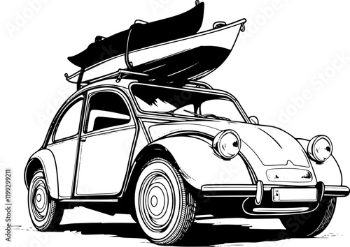 Illustration vectorielle d'une voiture rétro avec des canoës sur le porte-bagages de toit en noir et blanc