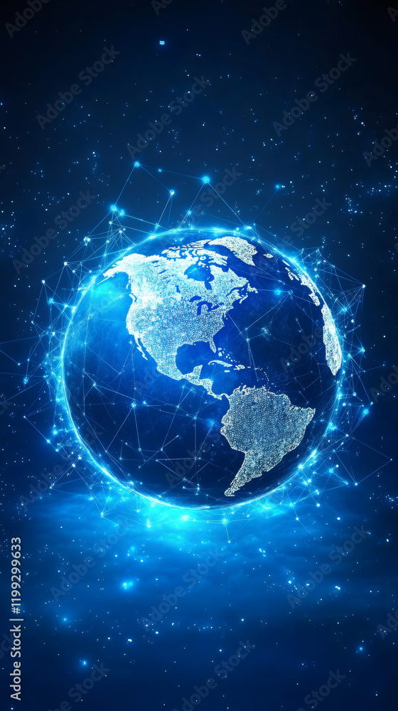 Rotating planet Earth in space, showcasing a network of futuristic connections illuminating America and highlighting global communication