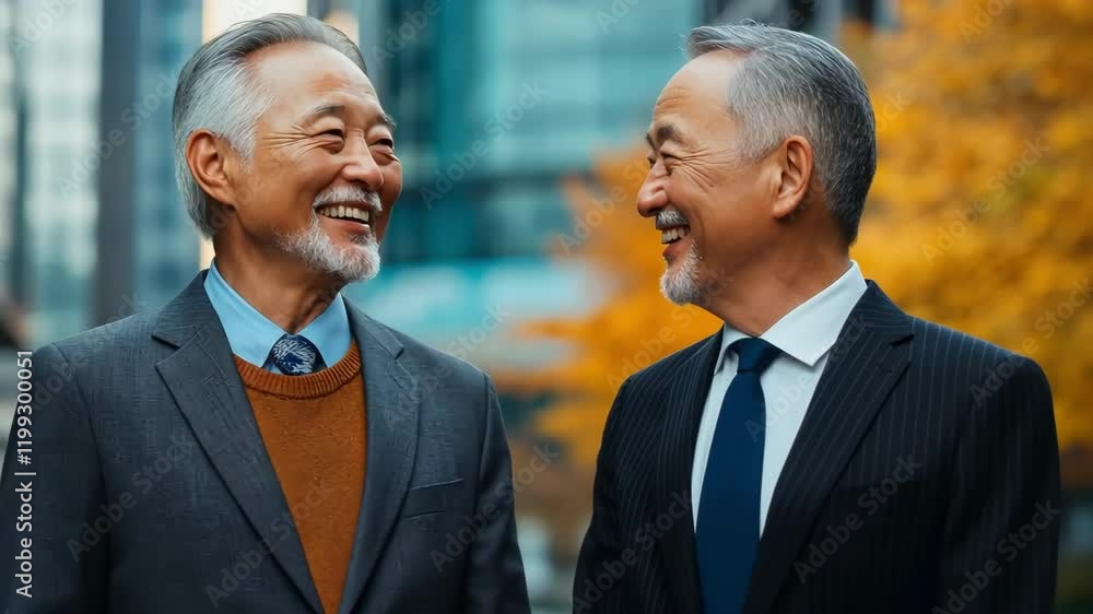 Two senior Asian businessmen are seen talking, joking, and smiling while wearing suits. Two senior Asian businessmen are seen talking, joking, and smiling while wearing suits.