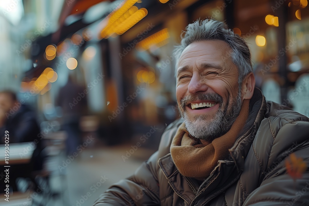 Fototapeta premium A joyful man with a beard enjoying a coffee at a bustling cafe, radiating happiness and warmth in a charming setting.