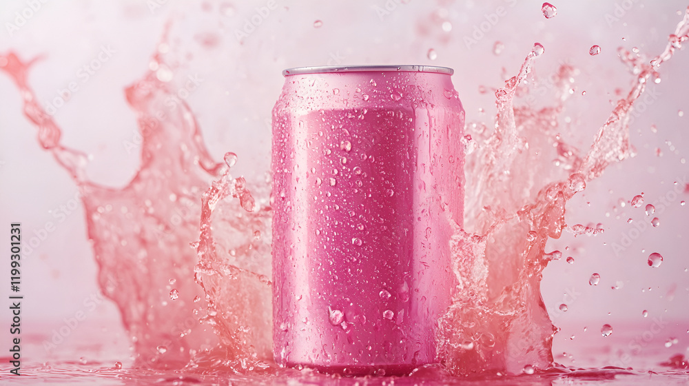 Pink color soda can with juice splash Pink color soda can with juice splash