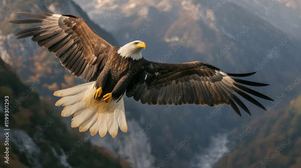 Bald eagle in flight with sharp focus on its spread wings and dramatic mountain landscape in the background, illuminated by natural light Bald eagle in flight with sharp focus on its spread wings and dramatic mountain landscape in the background, illuminated by natural light