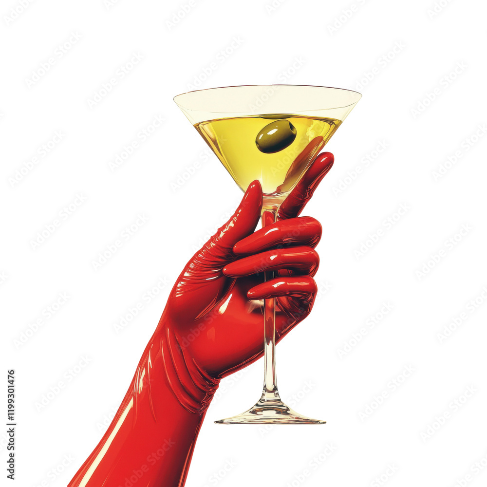 © AZ Studio - Bright red gloved hand holds a martini glass with olive