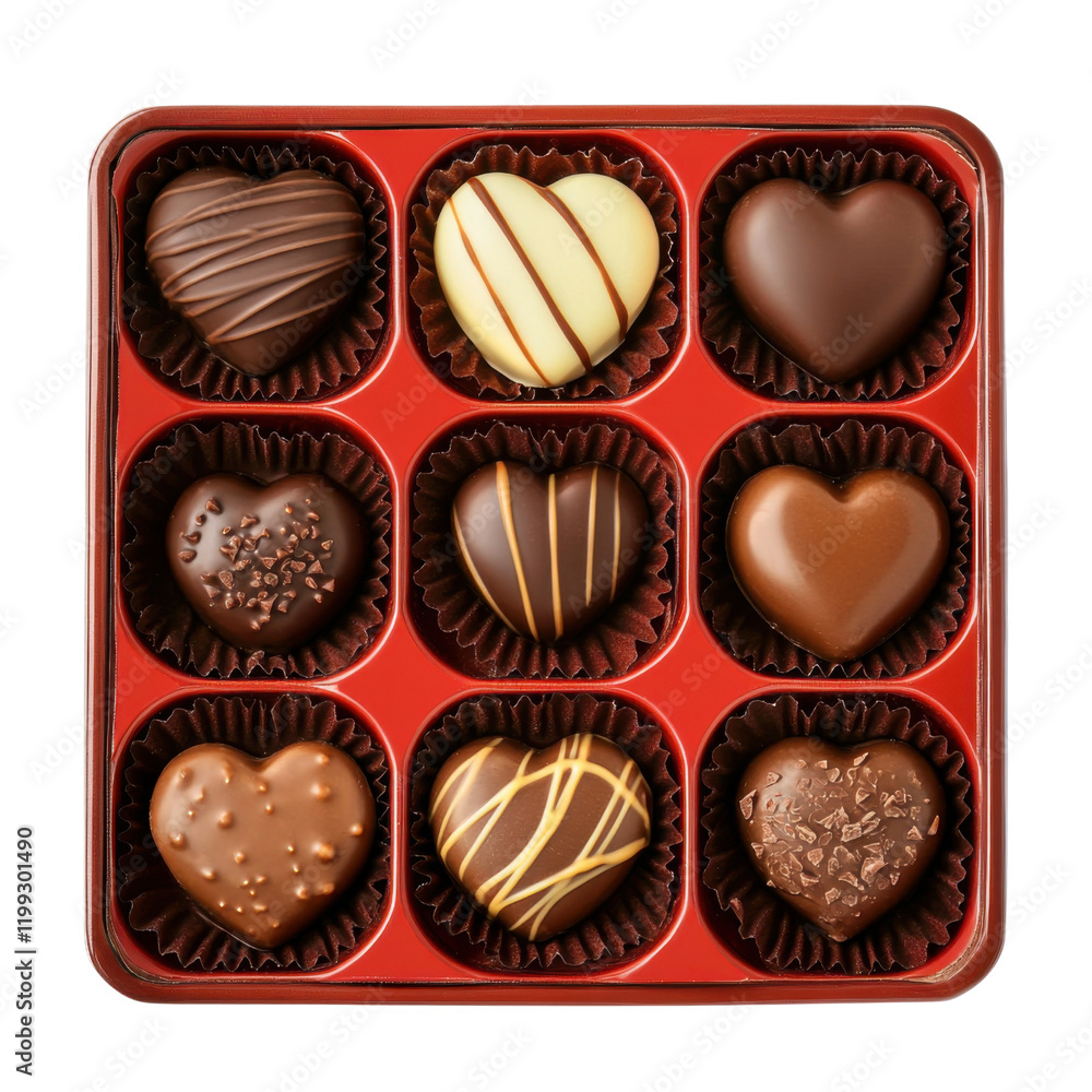 Assorted heart-shaped chocolates displayed in a red box Assorted heart-shaped chocolates displayed in a red box